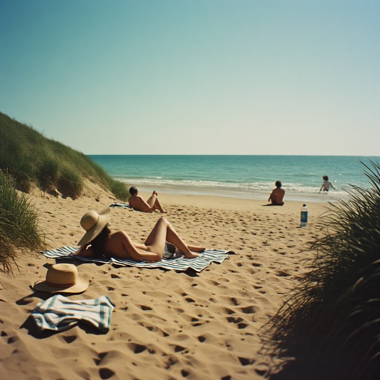 People relaxed and sunbathing on towels at a dune-backed UK naturist beach on a sunny day — what to expect at a naturist beach